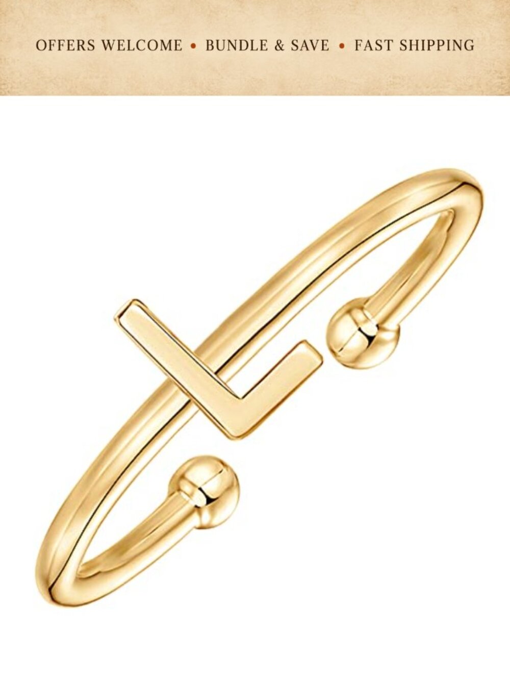 14K Gold Plated Initial Letter Ring Adjustable Band Hypoallergenic Gift for Her